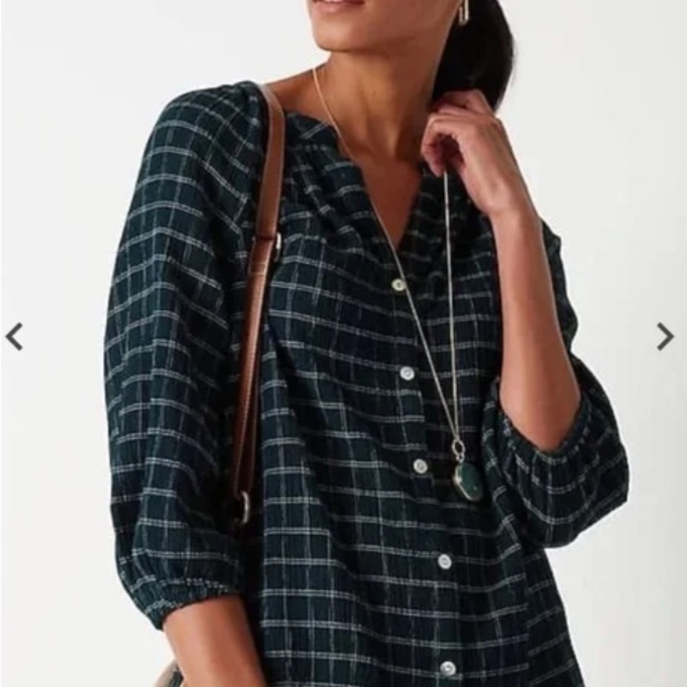 J. Jill Women's Crinkled Plaid Button-Up Top Size M Petite Evergreen Blouse